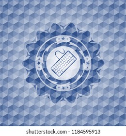keyboard icon inside blue emblem or badge with abstract geometric pattern background.