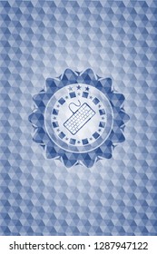 keyboard icon inside blue emblem or badge with geometric pattern background.