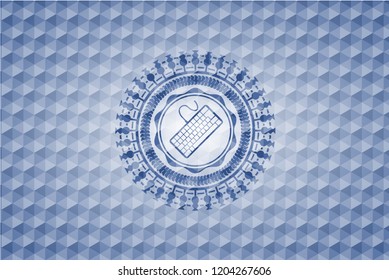 keyboard icon inside blue hexagon emblem.