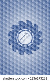 keyboard icon inside blue hexagon emblem.