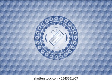 keyboard icon inside blue hexagon emblem.