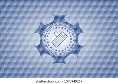 keyboard icon inside blue hexagon emblem.