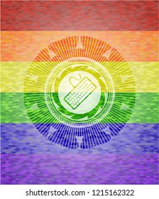 keyboard icon inside emblem on mosaic background with the colors of the LGBT flag