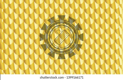 keyboard icon inside gold badge or emblem. Scales pattern. Vector Illustration. Detailed.