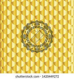 keyboard icon inside gold shiny badge. Scales pattern. Vector Illustration. Detailed.