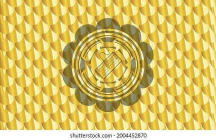 keyboard icon inside golden badge or emblem. Scales pattern. Vector Illustration. Detailed. 