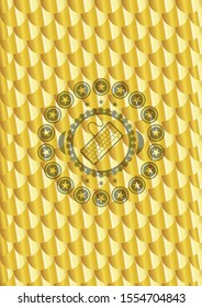 keyboard icon inside golden emblem. Scales pattern. Vector Illustration. Detailed.