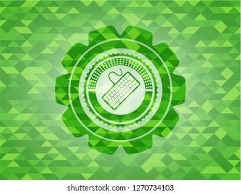 keyboard icon inside green emblem. Mosaic background