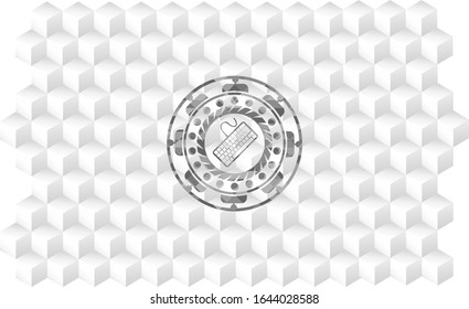 keyboard icon inside grey badge with geometric cube white background