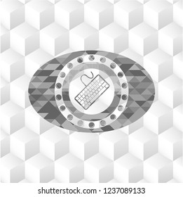 keyboard icon inside grey emblem. Vintage with geometric cube white background