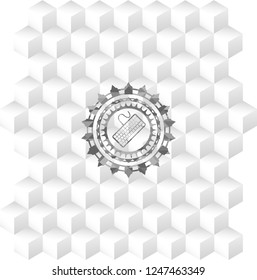 keyboard icon inside grey emblem. Retro with geometric cube white background