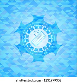 keyboard icon inside light blue emblem. Mosaic background
