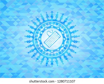 keyboard icon inside light blue emblem with triangle mosaic background