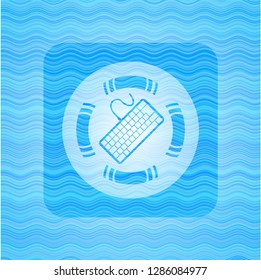 keyboard icon inside light blue water badge background.