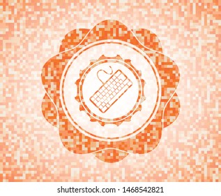 keyboard icon inside orange tile background illustration. Square geometric mosaic seamless pattern with emblem inside.