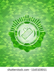 keyboard icon inside realistic green emblem. Mosaic background