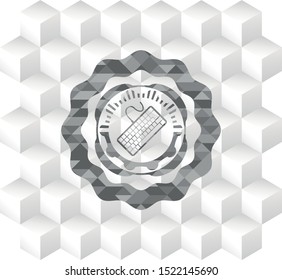 keyboard icon inside realistic grey emblem with geometric cube white background