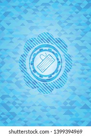 keyboard icon inside realistic light blue emblem. Mosaic background
