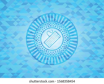 keyboard icon inside realistic light blue mosaic emblem