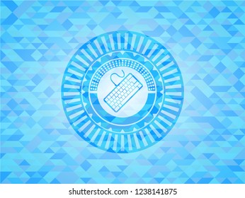 keyboard icon inside realistic sky blue emblem. Mosaic background