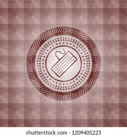 keyboard icon inside red emblem or badge with abstract geometric pattern background. Seamless.