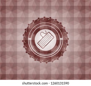 keyboard icon inside red emblem or badge with abstract geometric polygonal pattern background. Seamless.