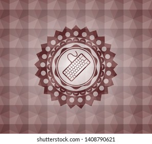 keyboard icon inside red emblem with geometric pattern background. Seamless.