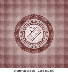 keyboard icon inside red emblem with geometric background. Seamless. 