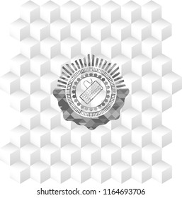 keyboard icon inside retro style grey emblem with geometric cube white background