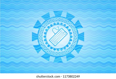 keyboard icon inside sky blue water emblem background.