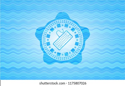keyboard icon inside sky blue water wave style badge.