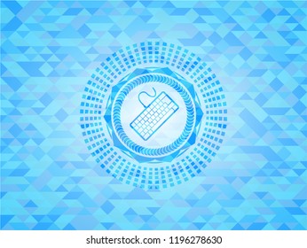 keyboard icon inside sky blue emblem. Mosaic background