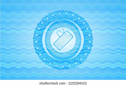keyboard icon inside sky blue water wave style badge.