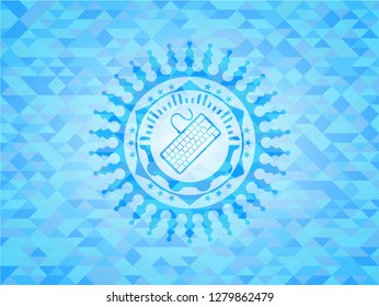 keyboard icon inside sky blue emblem with mosaic background