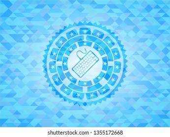 keyboard icon inside sky blue emblem with triangle mosaic background