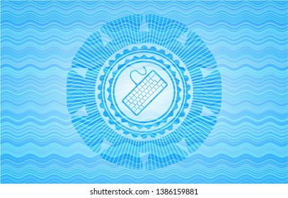 keyboard icon inside sky blue water style emblem.