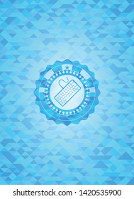 keyboard icon inside sky blue emblem with triangle mosaic background