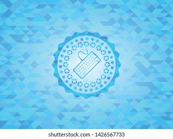keyboard icon inside sky blue emblem with triangle mosaic background