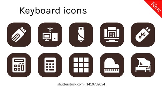 keyboard icon set. 10 filled keyboard icons.  Collection Of - Pendrive, Personal computer, Calculator, Keypad, Piano