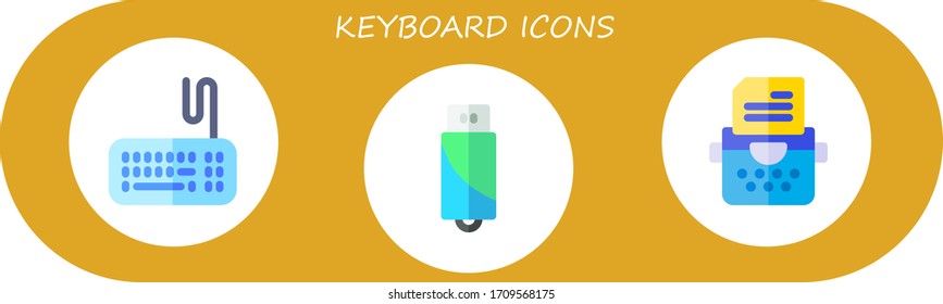 keyboard icon set. 3 flat keyboard icons.  Simple modern icons such as: keyboards, pendrive, typewriter