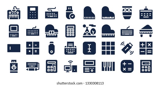keyboard icon set. 32 filled keyboard icons. on blue background style Simple modern icons about  - Keyboard, Old computer, Type, Pendrive, Calculator, Piano, Personal computer