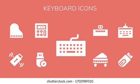 keyboard icon set. 9 filled keyboard icons. Included Keyboard, Pendrive, Calculator, Piano icons
