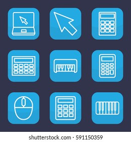 keyboard icon. Set of 9 outline keyboard icons such as piano toy, laptop, piano, mouse, calculator, pointer