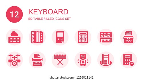 keyboard icon set. Collection of 12 filled keyboard icons included Keyboard, Accordion, Gameboy, Calculator, Piano, Drum set, Typewriter, Personal computer, Shortcut