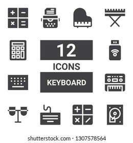 keyboard icon set. Collection of 12 filled keyboard icons included Hard disc, Calculator, Keyboard, Conga, Piano, Keypad, Pendrive, Typewriter