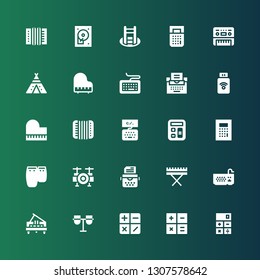 keyboard icon set. Collection of 25 filled keyboard icons included Calculator, Conga, Piano, Keyboard, Typewriter, Drum set, Accordion, Pendrive, Tipi, Shortcut, Hard disc