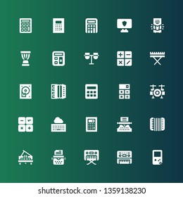 keyboard icon set. Collection of 25 filled keyboard icons included Gameboy, Piano, Typewriter, Accordion, Calculator, Keyboard, Drum set, Hard disc, Conga, Djembe, Personal computer