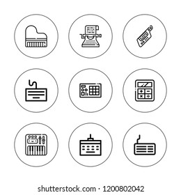 Keyboard icon set. collection of 9 outline keyboard icons with calculator, launchpad, keyboard, keytar, piano, typewriter icons. editable icons.