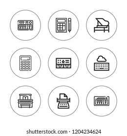 Keyboard icon set. collection of 9 outline keyboard icons with calculator, keyboard, piano, typewriter icons. editable icons.