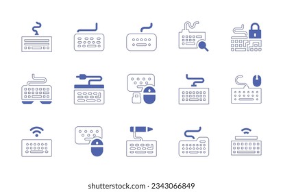 Keyboard icon set. Duotone style line stroke and bold. Vector illustration. Containing keyboard, keylogger, mouse, electric keyboard, wireless.